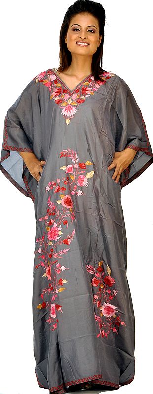 Gray Kashmiri Kaftan with Embroidered Flowers in Pink