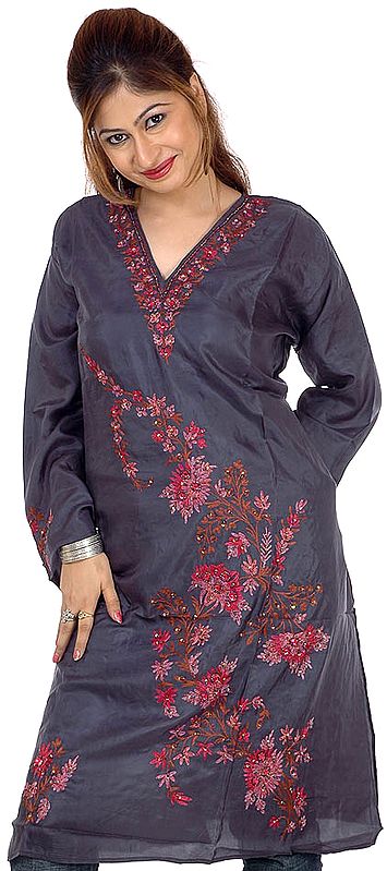 Gray Kashmiri Top with Floral Embroidery and Sequins