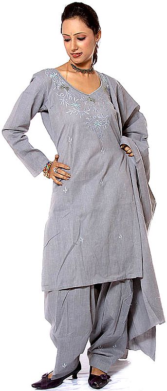 Gray Khadi Suit with Crewel Embroidery