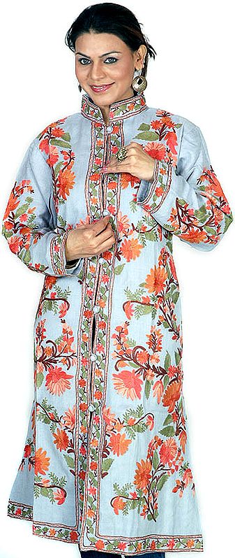 Gray Long Jacket with All-Over Crewel Embroidered Flowers