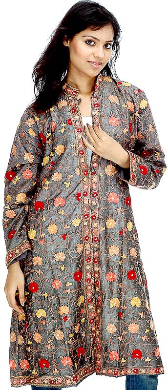 Gray Long Jacket with Aari Embroidery All-Over