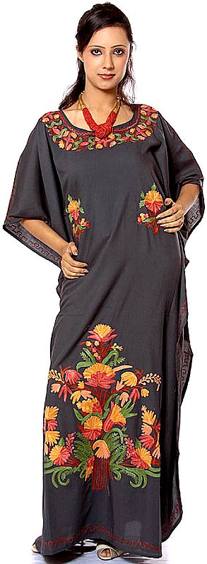Gray Round-Neck Kaftan from Kashmir with Aari Embroidery