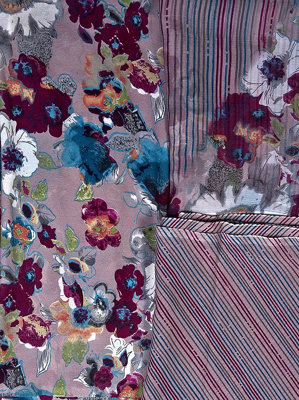 Gray Salwar Kameez Fabric with Large Printed Flowers