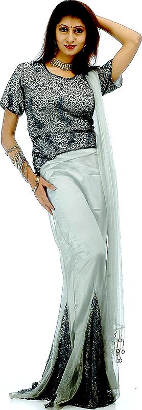 Gray Satin and Net Lehenga with Heavily Beaded Choli