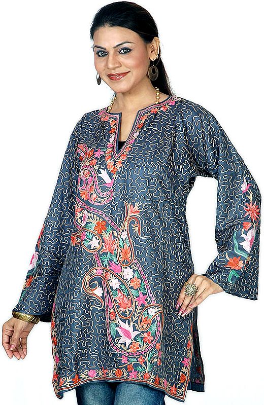Gray Silk Kurti Top from Kashmir with All-Over Aari Embroidery
