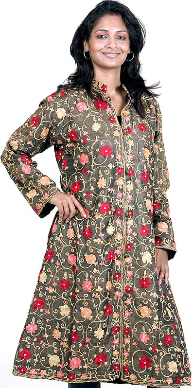 Gray-Brown Long Silk Jacket with Floral Aari Embroidery
