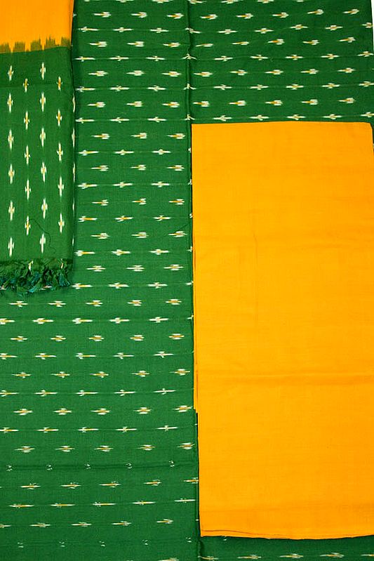 Green and Amber Salwar Kameez Fabric with Ikat Weave