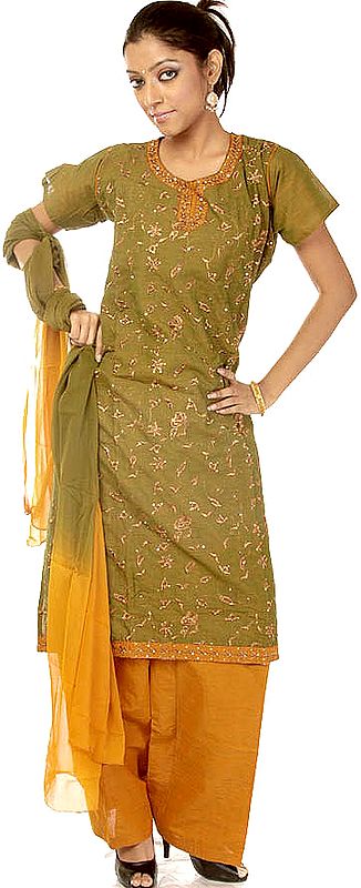 Green and Amber Salwar Kameez Suit with Crewel Embroidery and Sequins