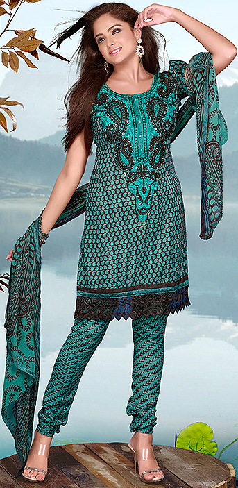 Green and Black Paisley Printed Choodidaar Kameez Suit with Beaded Patch on Neck