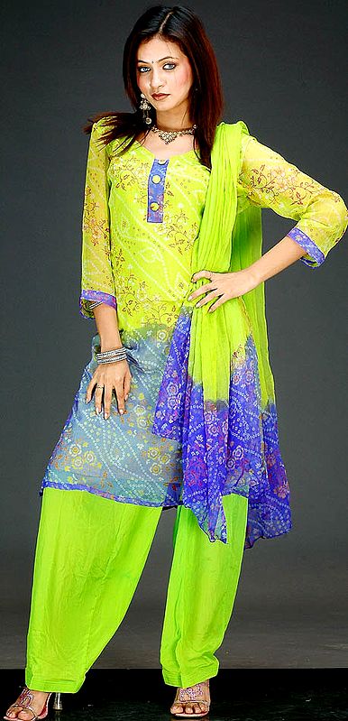 Green and Blue Printed Suit from Gujarat