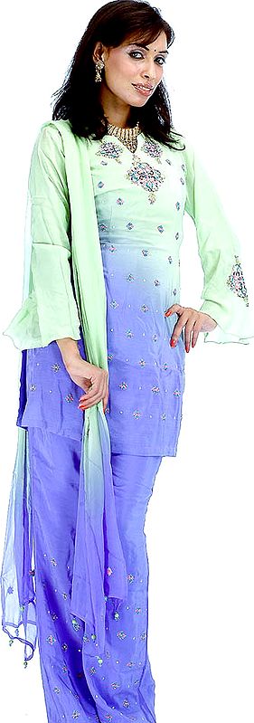 Green and Blue Shaded Parallel Salwar Kameez with Multi-Color Beads and Embroidery