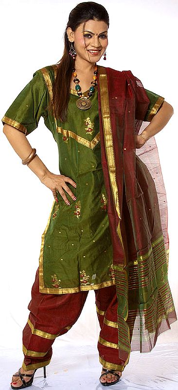 Green and Brown Chanderi Suit with Large Bootis Woven in Golden Thread