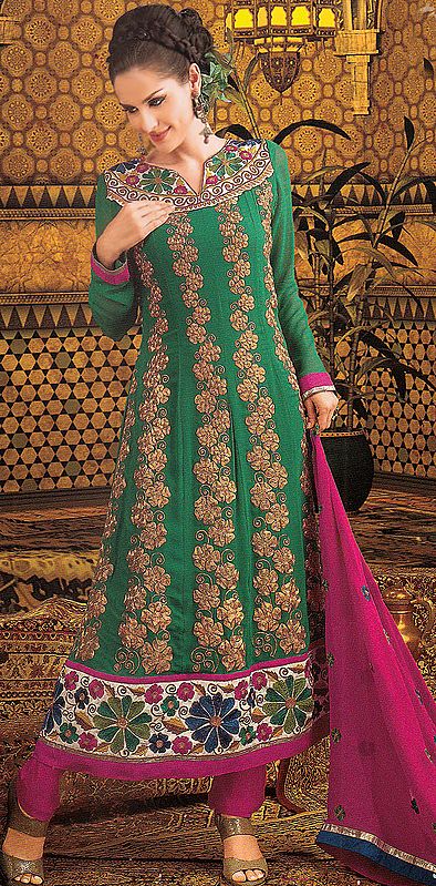 Green and Fuchsia Choodidaar Suit with Metallic Thread Embroided Flowers All-Over and Patch Border