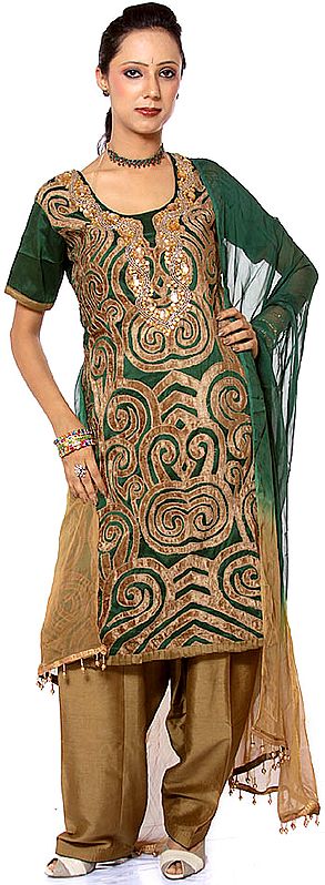 Green and Golden Choodidaar Suit with Appliqué Work and Embroidered Beads