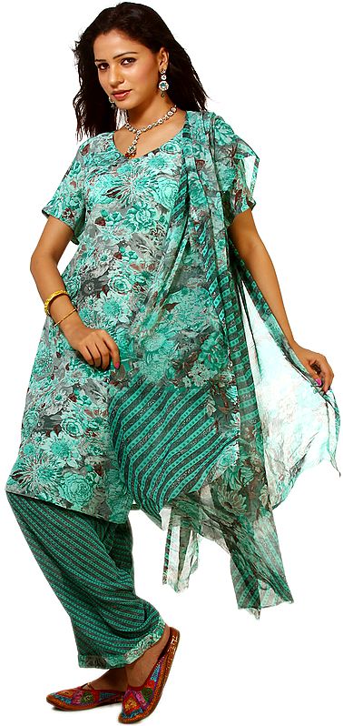 Green and Gray Salwar Kameez with Printed Flowers All-Over