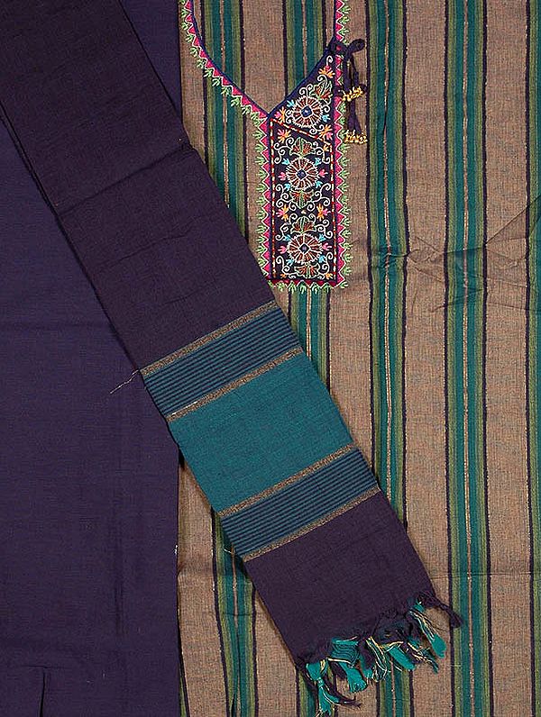 Green and Gray South-Cotton Suit with Embroidery on Neck
