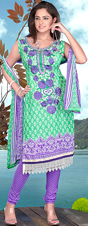 Green and Lavender Printed Salwar Kameez Suit with Beaded Patch on Neck and Crochet Border