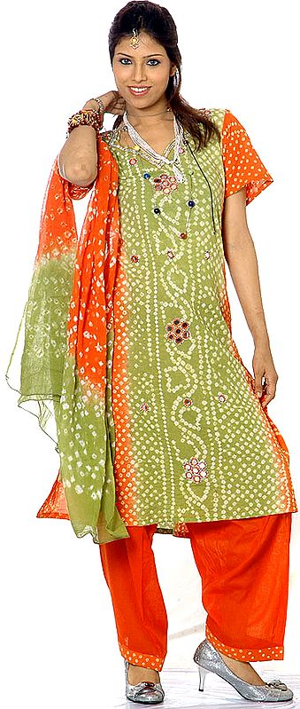Green and Orange Bandhani Salwar Kameez Suit with Mirrors