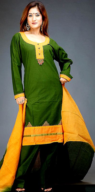 Green and Orange Salwar Suit with Beads and Threadwork