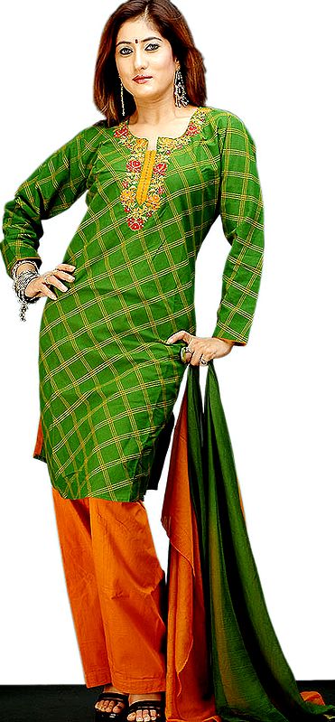 Green and Orange Salwar Suit with Persian Embroidery on Kameez