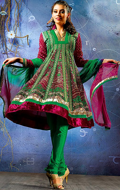 Green and Purple Choodidaar Flaired Suit with Crewel Embroidered Flowers