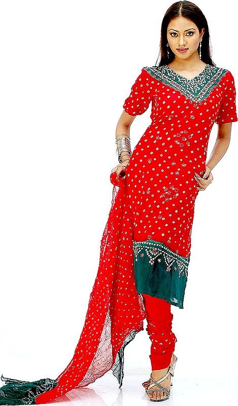 Green and Red Bandhini Suit from Gujarat