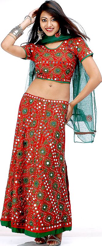 Green and Red Lehenga Choli from Gujarat with Mirrors and Sequins