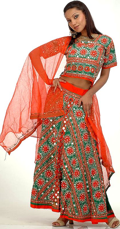 Green and Safety Orange Lehenga Choli from Gujarat with Beads and Large Sequins