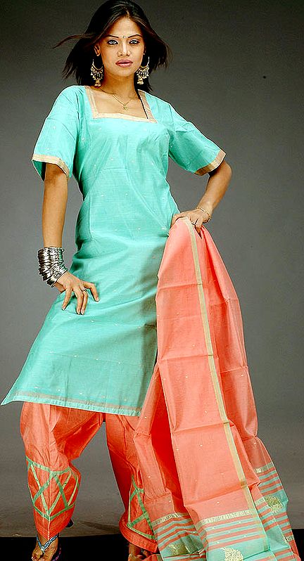 Green and Salmon Chanderi Suit with Golden Bootis