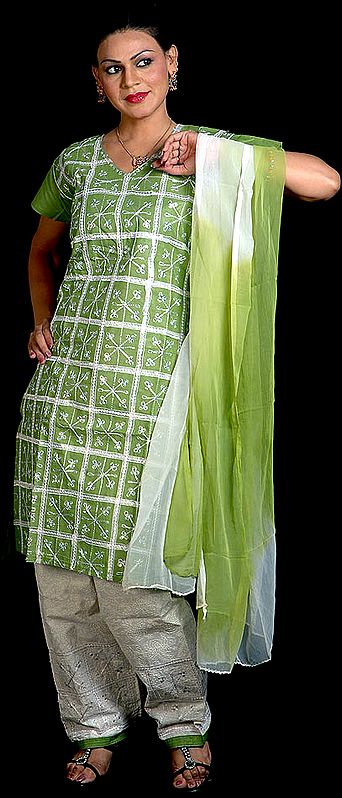 Green and White Salwar Kameez with All-Over Embroidery