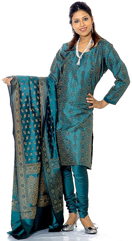 Green Banarasi Suit with All-Over Brocade Weave