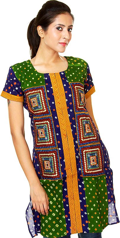 Green Bandhani Tie-Dye Kurti from Gujarat with Applique Work and Mirrors