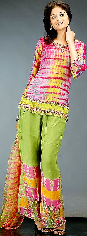Green Batik Shaded Sharara Suit with Sequins