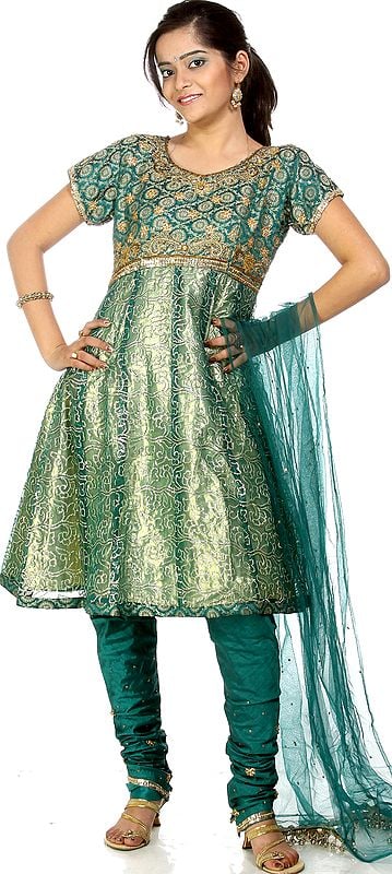 Green Brocaded Shimmer Anarkali Suit with Beadwork and Dori