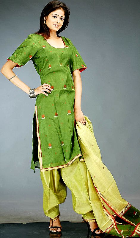 Green Chanderi Suit with All-Over Bootis