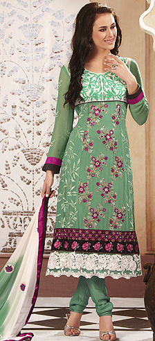 Green Choodidaar Kameez Suit with Crewel Embroidered Flowers and Crochet Border