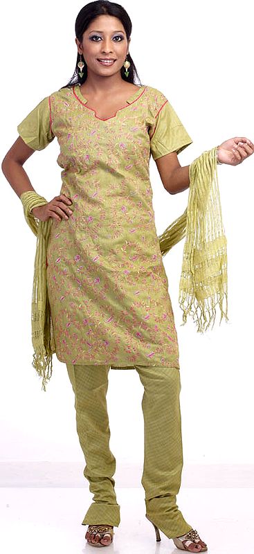 Green Choodidaar Suit with All-Over Embroidery