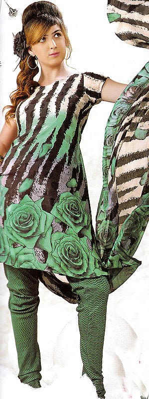 Green Choodidaar Suit with Large Printed Rose Flowers and Self Weave