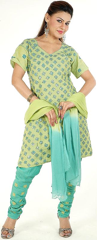 Green Choodidaar Suit with Sequins and Threadwork