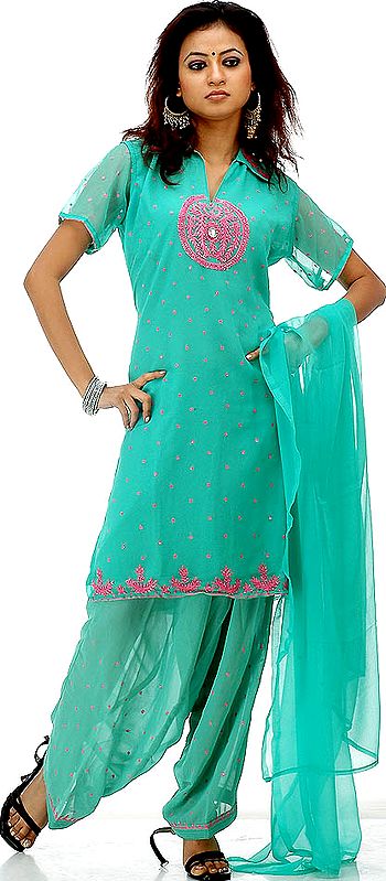Green Collared Salwar Suit with Sequins and Threadwork