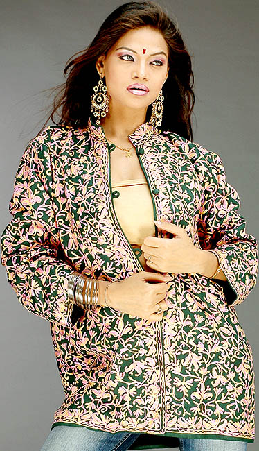 Green Jacket from Kashmir with Multi-Color Aari Work