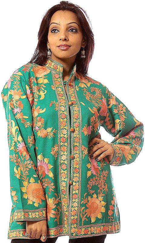 Green Jacket from Kashmiri with Aari Embroidered Flowers