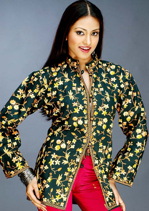 Green Jacket with Floral Aari Embroidery