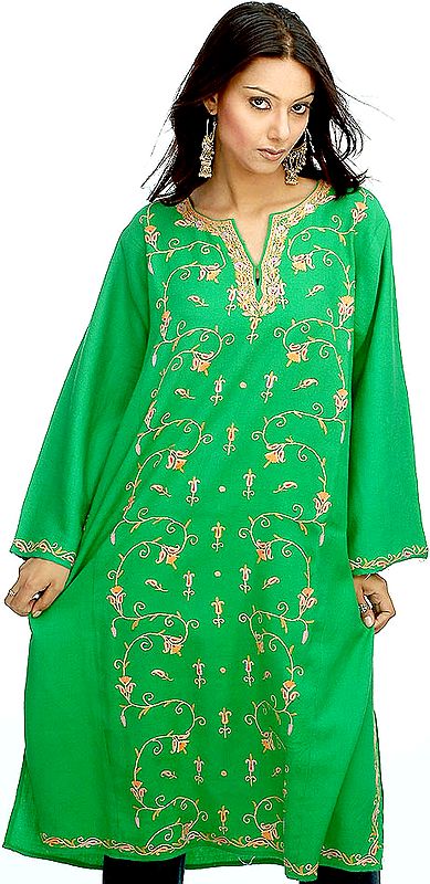 Green Kashmiri Phiran with Needle Embroidery