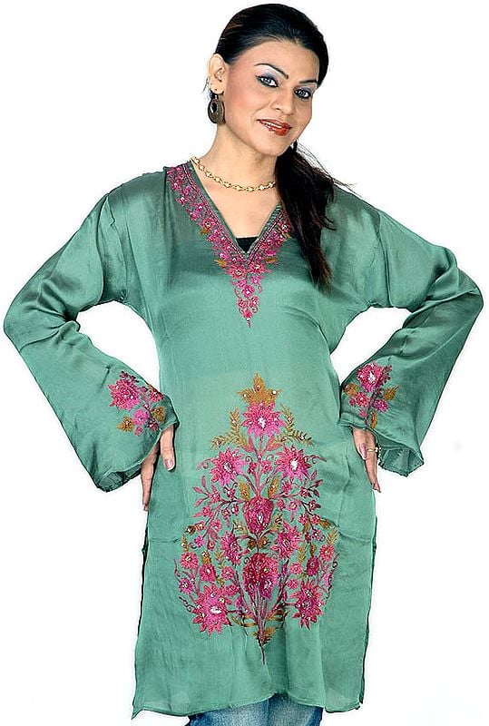 Green Kashmiri Top with Floral Embroidery and Sequins