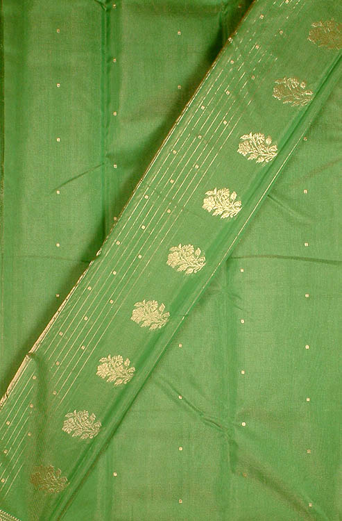 Green Kora Silk Chanderi Suit with All-Over Golden Zari Weave and Bootis
