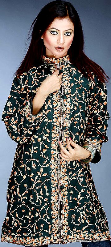 Green Long Aari Jacket Embroidered in Kashmir