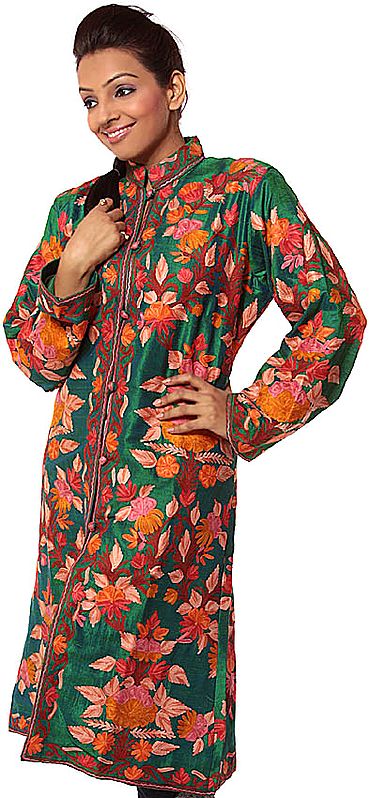 Green Long Silk Jacket with Flowers Embroidered All-Over