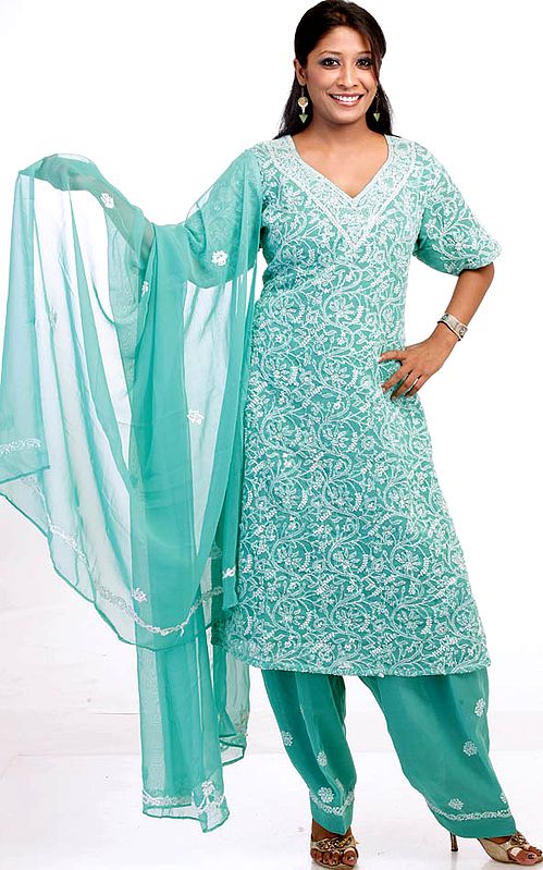Green Lukhnavi Chikan Salwar Kameez with Jaal Embroidery