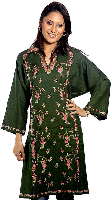 Green Phiran from Kashmir with All-Over Embroidered Flowers